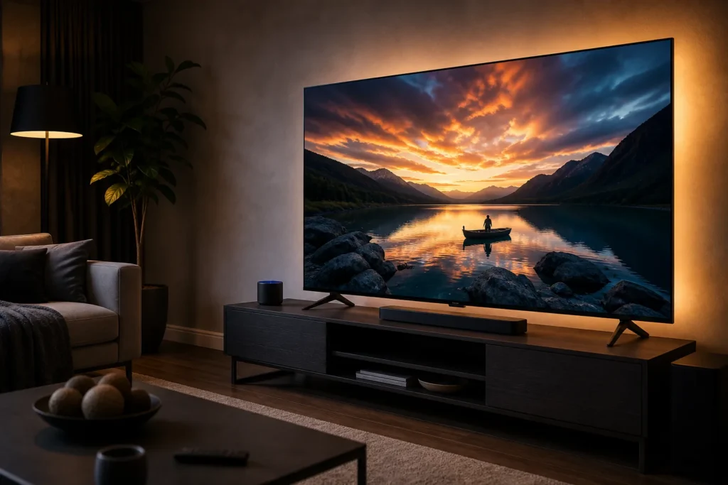 A sleek 55-inch smart LED television shown at a three-quarter angle in a modern living room, displaying a vivid 4K HDR cinematic scene with rich contr...