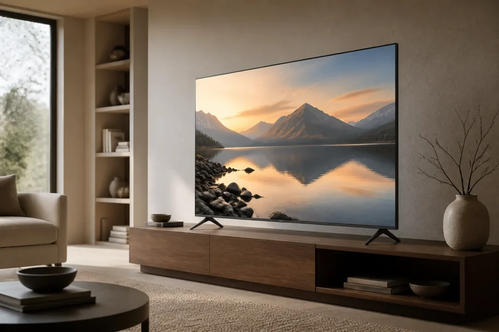A sleek 65-inch ultra-thin television displayed in a modern living room, shown at a slight angle to emphasize its slim profile, minimal bezels, clean...
