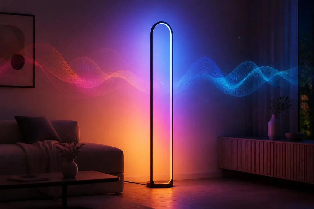 A sleek futuristic smart floor lamp glowing in a rich multicolor gradient, surrounded by subtle floating light waves suggesting dynamic scenes and...
