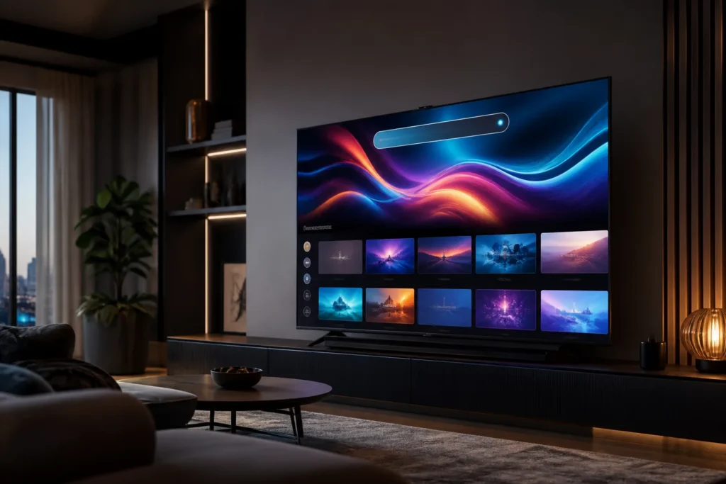 A sleek modern smart television in a stylish living room, glowing with a vibrant abstract AI interface and colorful streaming thumbnails, symbolizing...