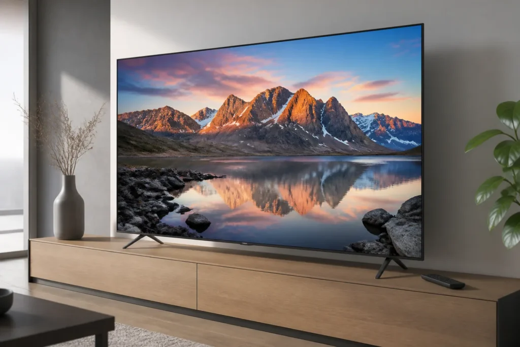 A sleek modern smart TV on a clean living-room console, shown at a slight angle with a vivid high-resolution display, subtle HDR glow, slim bezels, an...