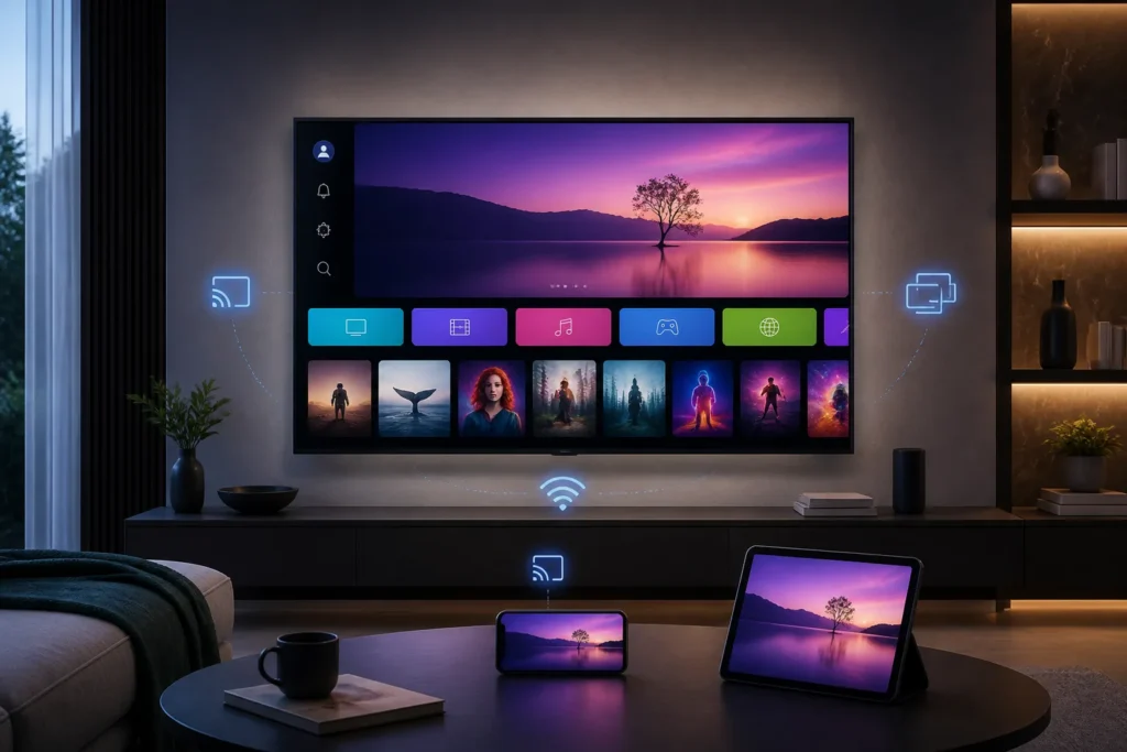 A sleek modern smart TV with a glowing webOS-style home interface and subtle colorful streaming tiles, viewed in a minimalist living room. Soft visual...