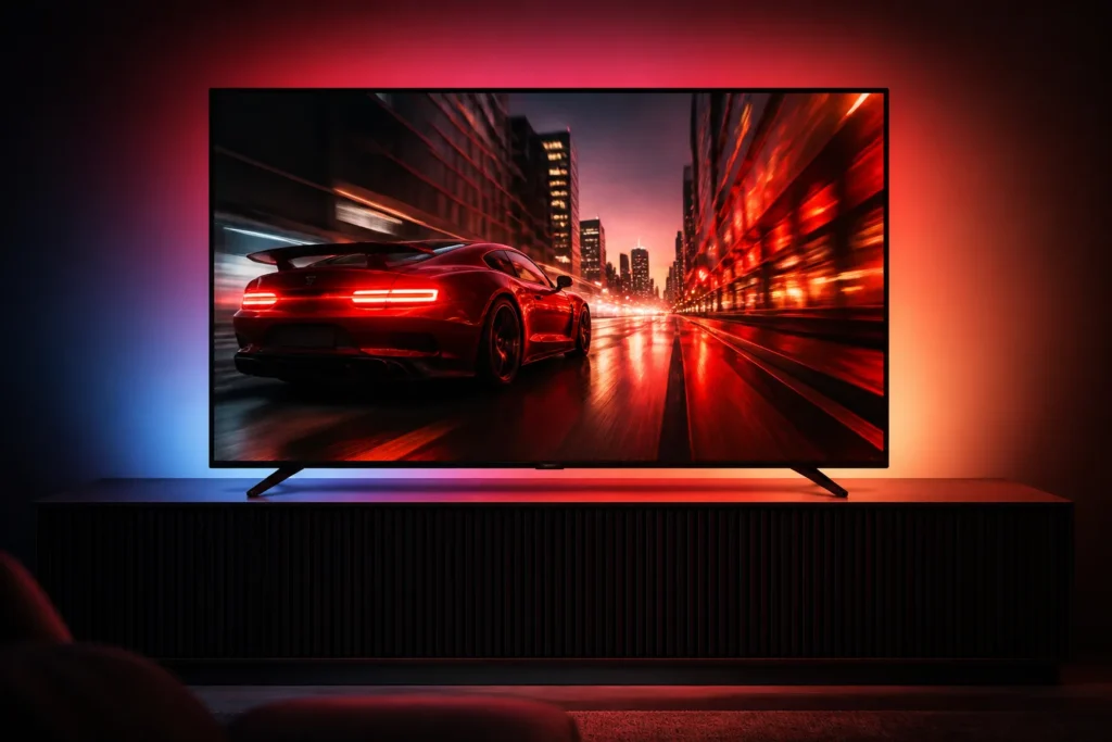 A sleek modern television displaying a fast-changing cinematic scene, surrounded by responsive ambient LED lighting that shifts from blue to warm red...