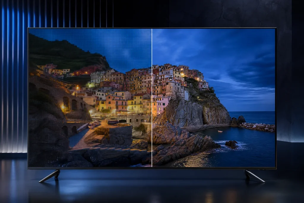 A sleek Samsung 65-inch 4K Q7F5 television displaying a vivid, realistic split-screen scene: one side crisp native 4K detail, the other showing enhanc...