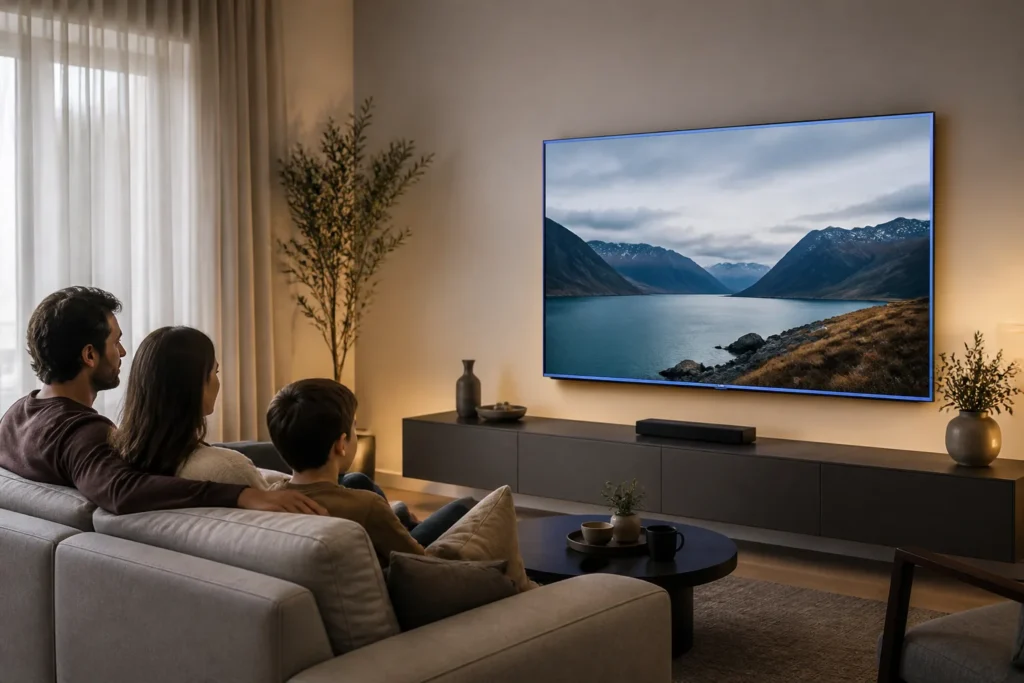 A stylish 65-inch television in Ashed Blue, displayed in a thoughtfully arranged living room with a sofa, coffee table, and soft ambient lighting. Com...