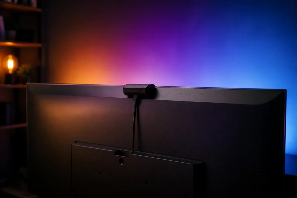 Cinematic close-up of a modern television viewed from behind, featuring a compact screen-sync sensor clipped to the top center and a subtle glow of re...