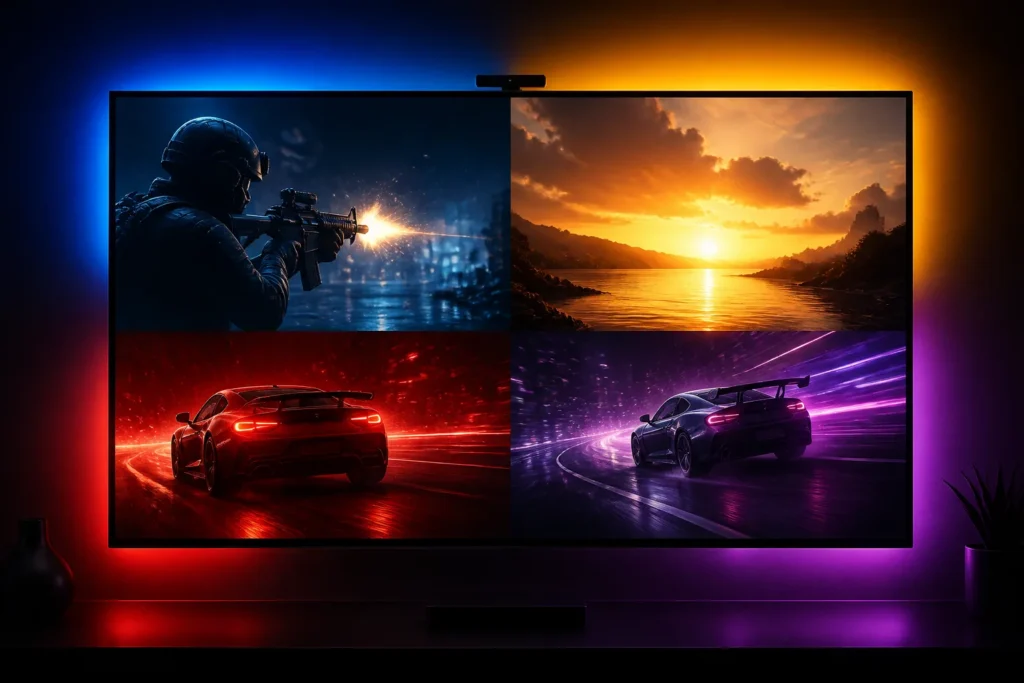 Cinematic product render of a modern TV with a small top-mounted color sensor, four distinct LED backlight zones glowing in synchronized hues—blue, go...
