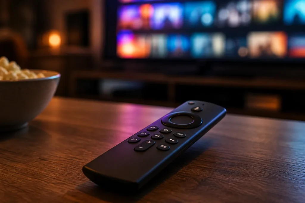 Create a clean, realistic editorial image of a Fire TV Alexa Voice Remote resting beside a softly glowing television, with subtle colorful streaming-i...