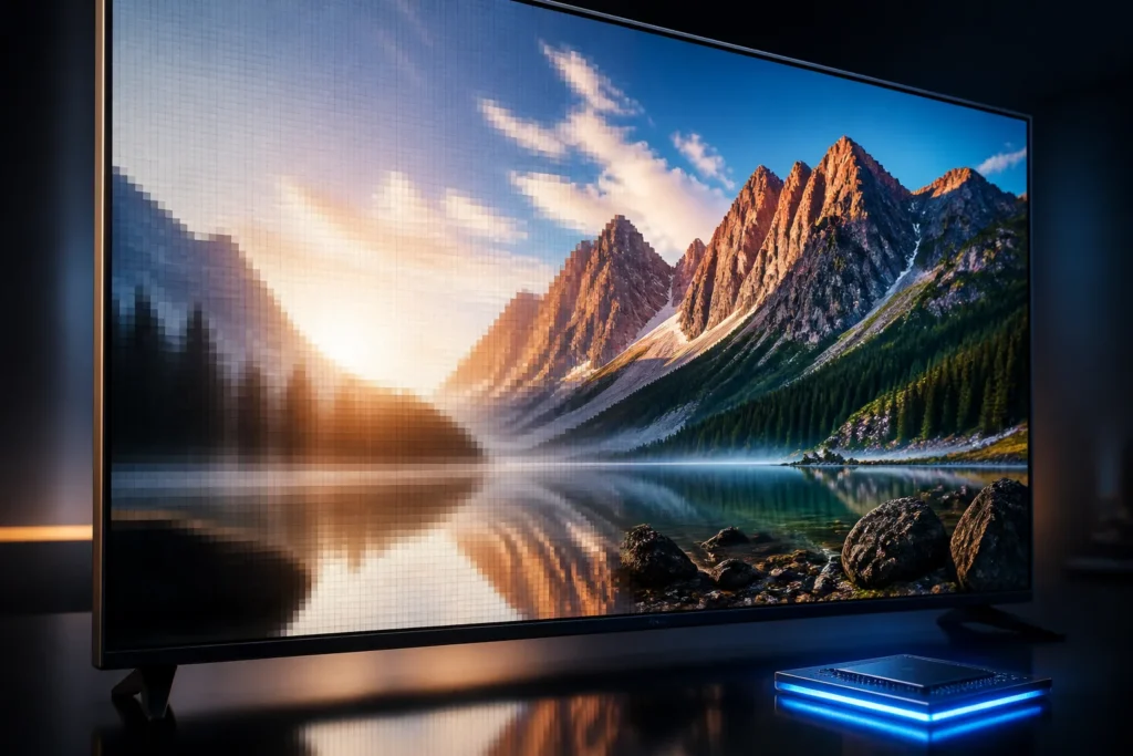 Create a photorealistic close-up of a modern 4K smart TV displaying a vivid high-dynamic-range landscape, with a subtle glowing AI processor chip refl...