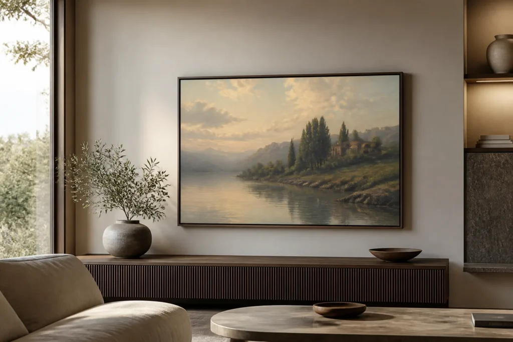 Create a photorealistic interior featuring a sleek modern TV displaying a serene iconic-style artwork, elegantly disguised as framed wall art. Show a...