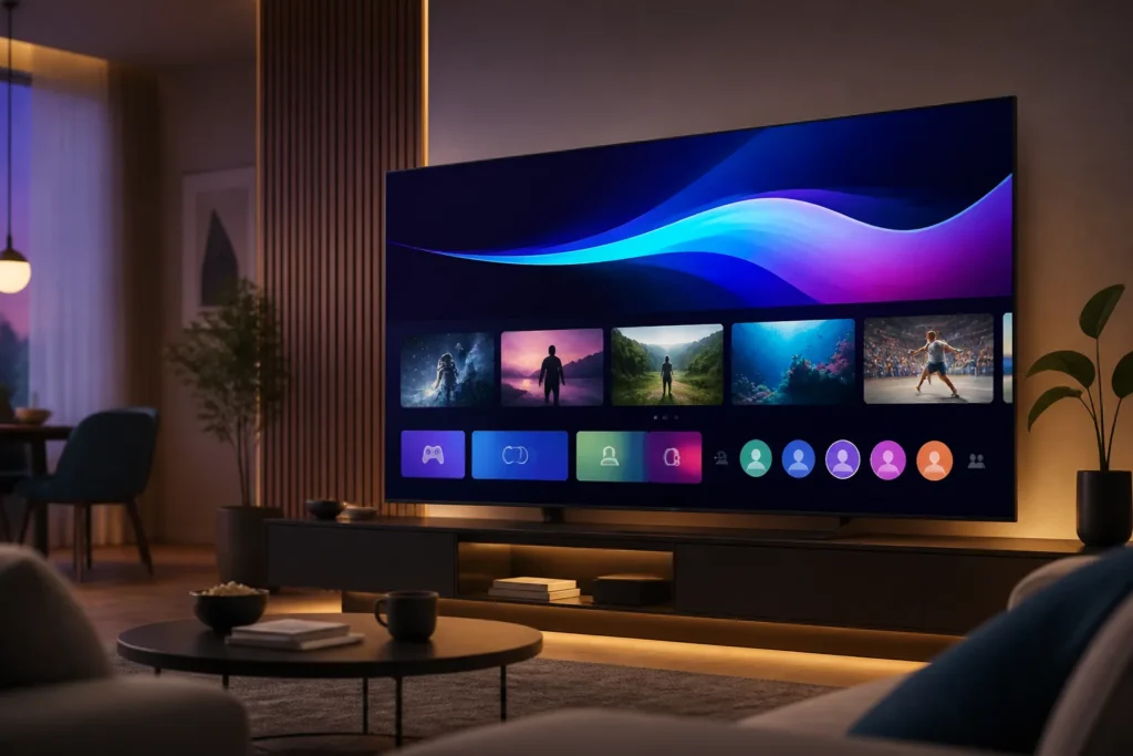 Create a premium cinematic product image of a sleek modern Samsung smart TV displaying an abstract, colorful Tizen OS-style home interface with stream...