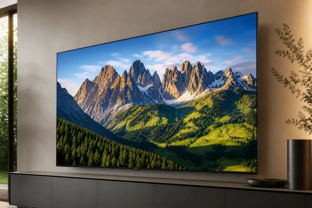 Create a premium close-up of an LG 65-inch NanoCell TV displaying a vivid, highly detailed 4K landscape with pure, natural colours, crisp mountain tex...