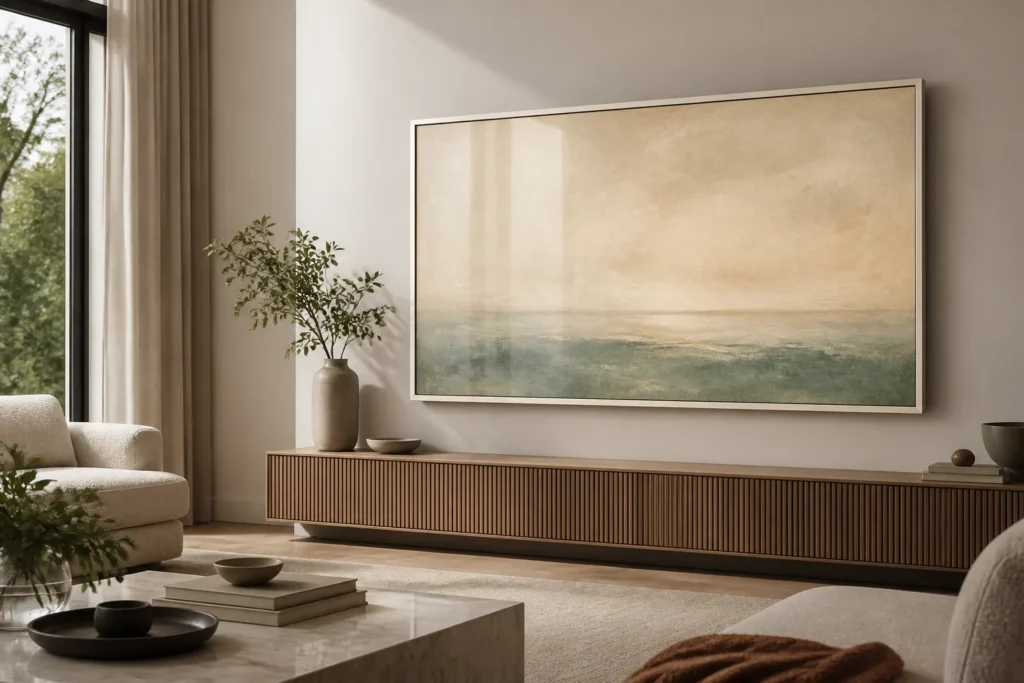 Create a premium editorial product image of a 65-inch Hisense CanvasTV in a stylish modern living room, displaying a serene framed artwork on its scre...