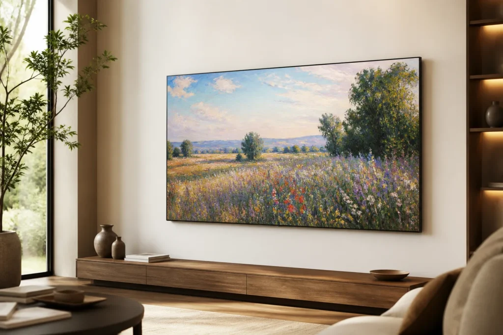 Create a premium editorial product image of a 65-inch Hisense CanvasTV mounted flush to a modern living-room wall with the included ultraslim mount. D...
