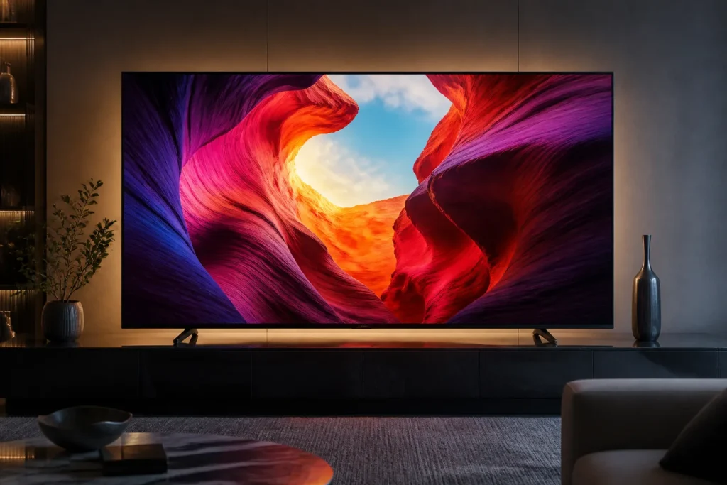 Create a premium editorial product image of a Samsung 65-inch Q7F5 Vision AI 4K Smart TV as the single focal object, viewed straight on in a stylish m...