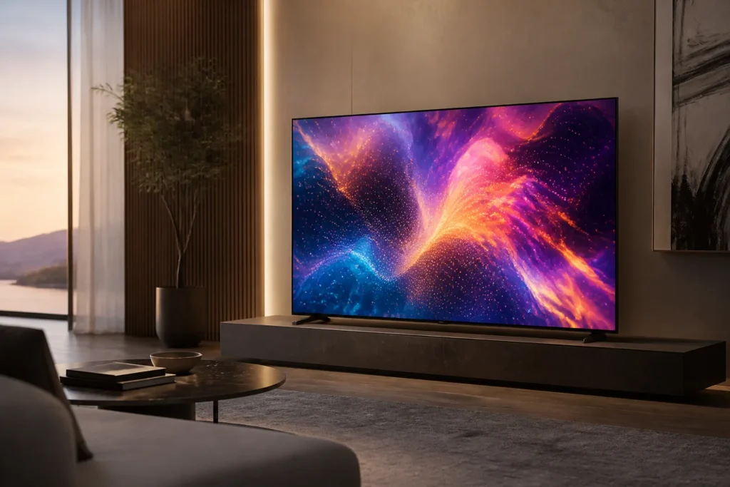 Create a premium lifestyle product image of a slim 65-inch QLED 4K smart TV in a modern living room, displaying vivid abstract quantum-dot colors and...
