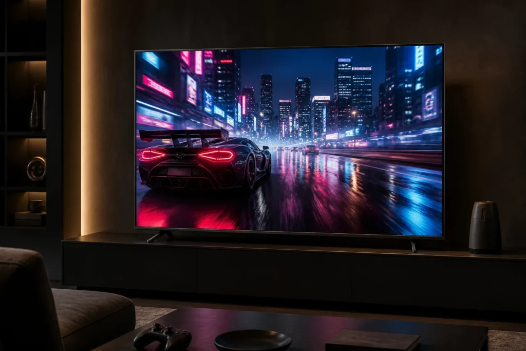 Create a premium, photorealistic product image of an LG 75-inch-class Nano UHD AI NU80 4K Smart TV in a modern dark living room, displaying vivid cine...