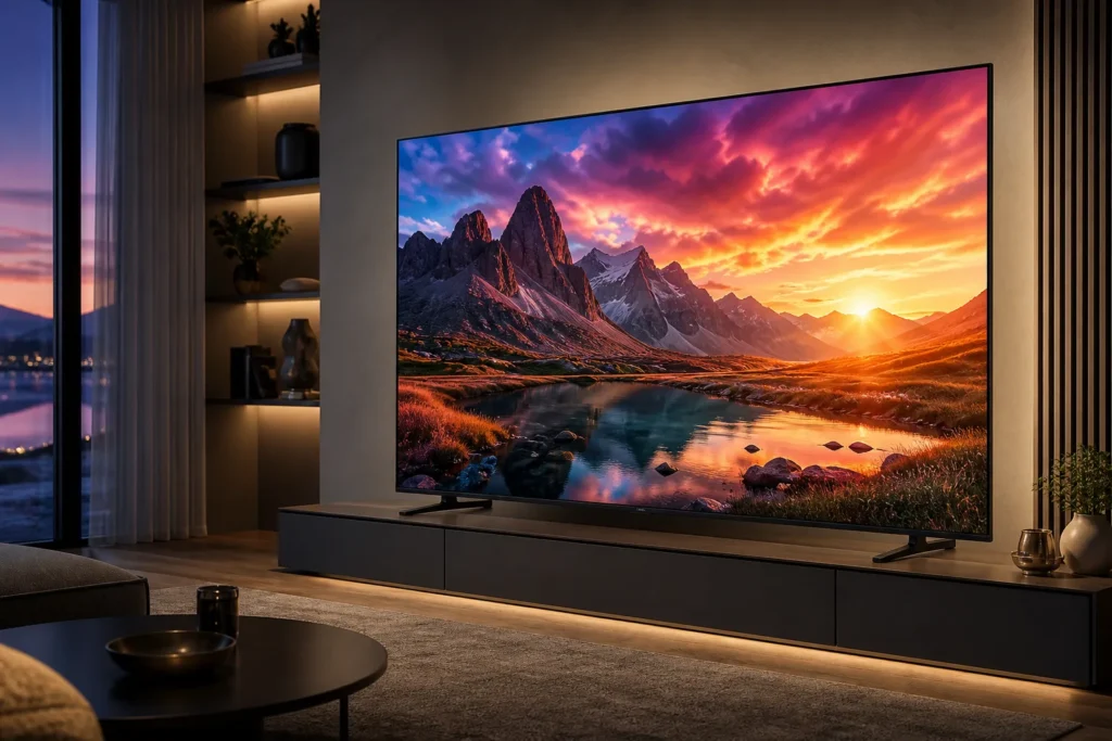 Create a premium product-style featured image of an LG 55-inch QNED MiniLED 4K Smart TV, shown at a slight angle in a modern, softly lit living room....