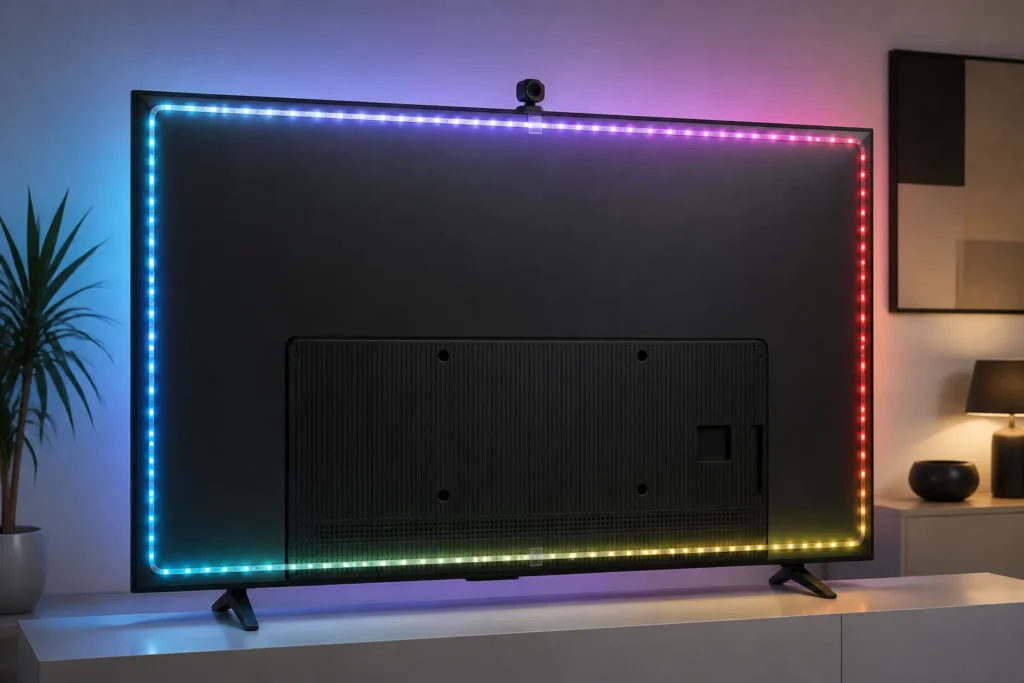 Create a realistic product-style image of an ultra-thin 55–65-inch flat-screen TV viewed from the rear, featuring colorful LED backlighting attached a...