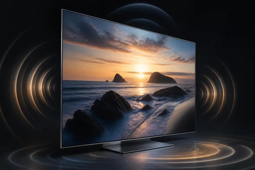 Create a sleek premium television with a brushed metal frame and three-sided bezel-less display, paired with subtle cinematic sound waves suggesting i...