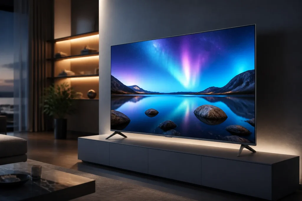 https://www.amazon.co.uk/dp/B0D183RP5P - A premium 65-inch modern smart TV in ashed blue, displayed at a slight angle on a minimalist stand in a stylish living room, glowing with vivid NanoCe...