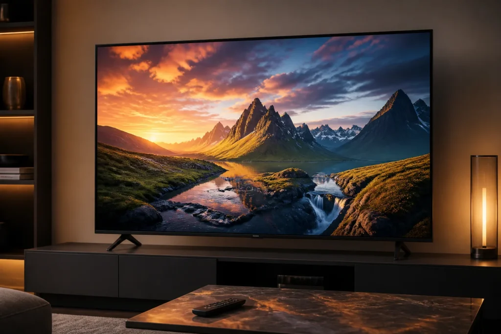 https://www.amazon.co.uk/dp/B0D7ZC2QY4 - Create a photorealistic product scene featuring a TCL 55-inch 4K smart LED TV on a sleek modern stand, displaying a vibrant cinematic landscape with r...