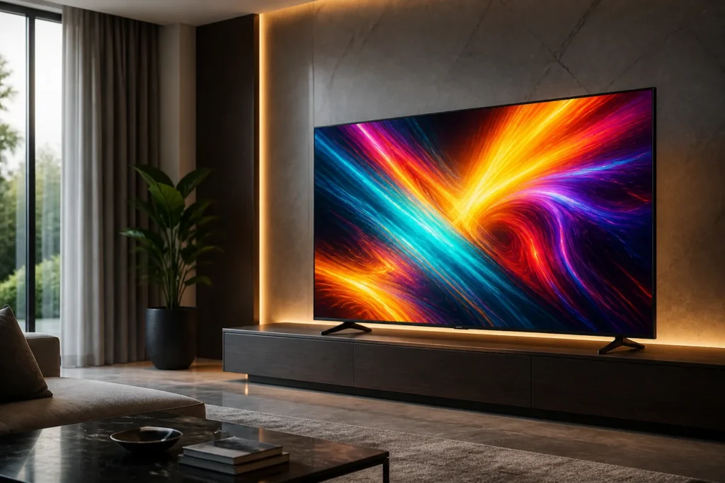 https://www.amazon.co.uk/dp/B0F6VKL1P2 - Create a premium editorial product image of a Samsung 65-inch Q7F5 Vision AI 4K Smart TV in a sleek modern living room, displaying vivid abstract quan...