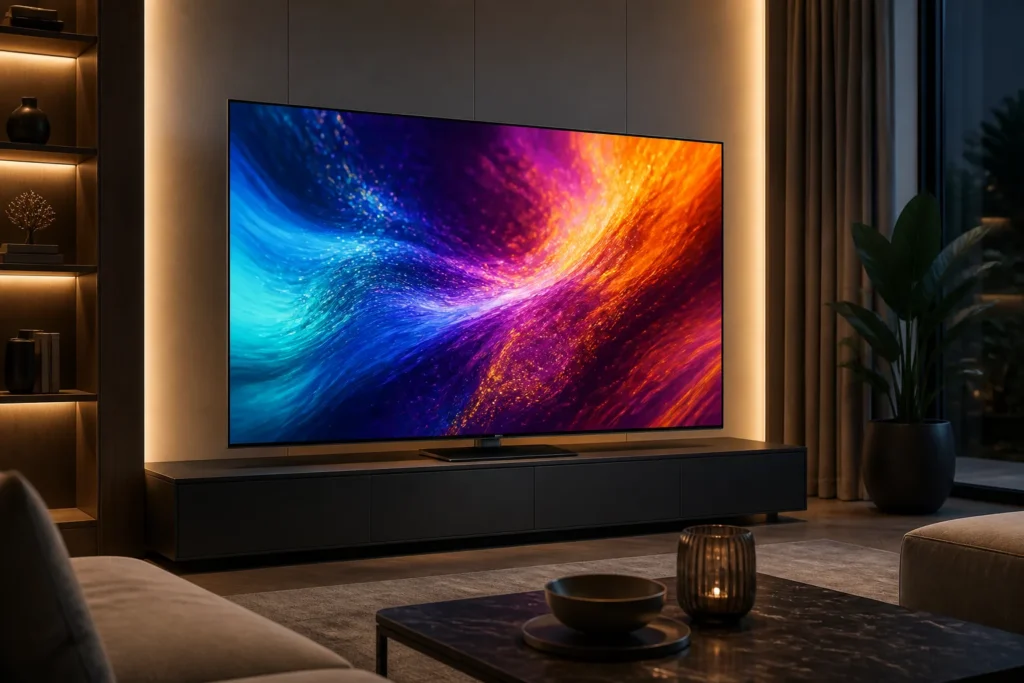 https://www.amazon.co.uk/dp/B0F6VXNQ6C - Create a premium product-style image of a Samsung 65-inch QLED smart TV in a sleek modern living room, displaying vivid abstract 4K colors and subtle...