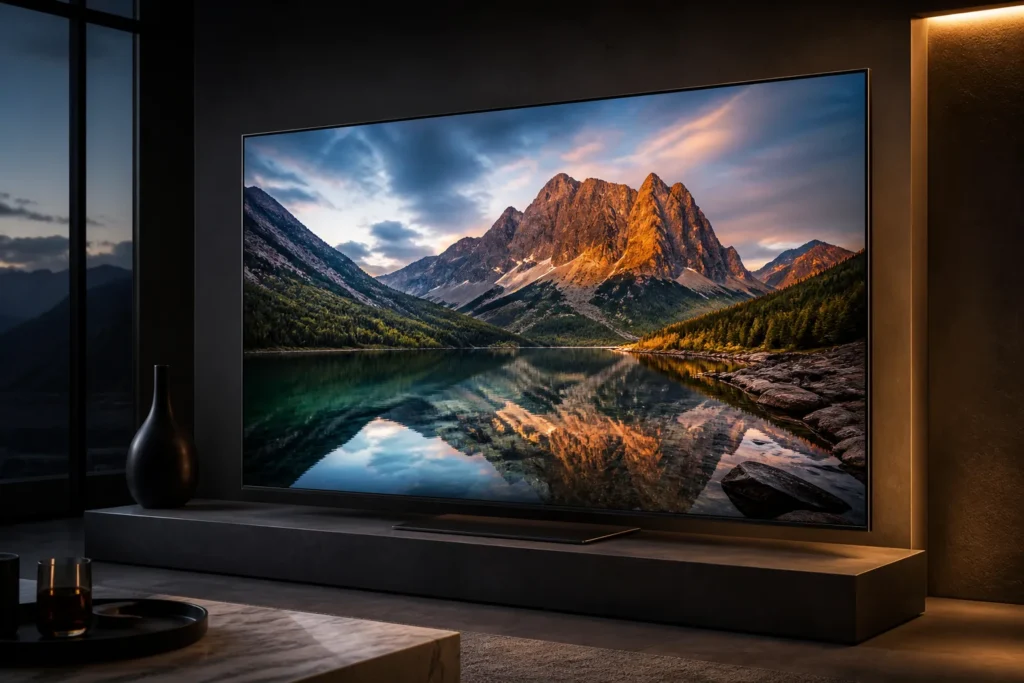 https://www.amazon.co.uk/dp/B0GT9SM15L - Create a premium editorial product image of a sleek 75-inch 4K smart TV in a modern dimly lit living room, displaying a vivid cinematic landscape with...