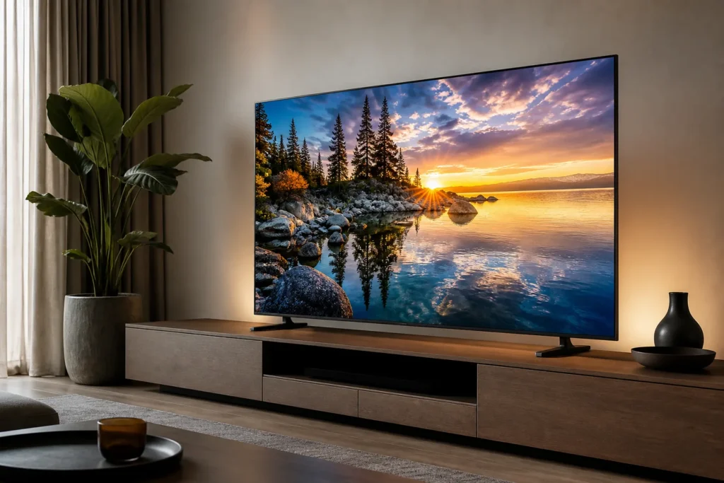 https://www.amazon.co.uk/dp/B0GT9WZMZG - A premium 55-inch QNED MiniLED smart TV in a modern living room, displaying vivid cinematic 4K nature imagery with deep blacks, bright HDR highlights,...