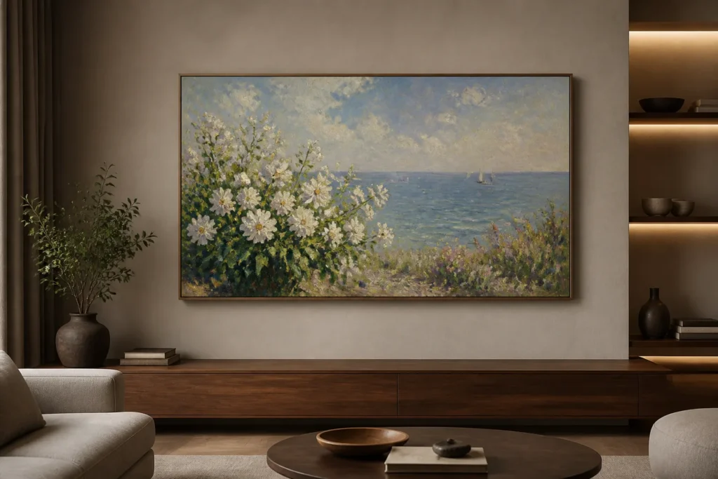 https://www.amazon.co.uk/dp/B0GV54BKFC - Create a premium editorial product photograph of a 65-inch Hisense CanvasTV in Art Mode, mounted flush on a minimalist living-room wall with a slim wo...