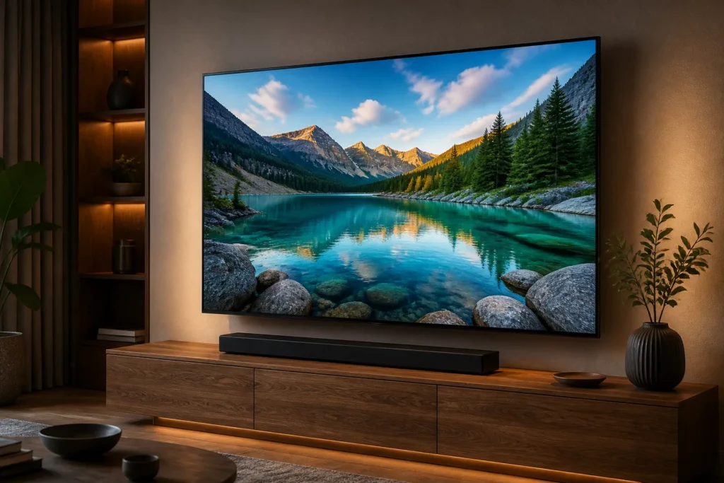 https://www.amazon.co.uk/dp/B0GYZ7SVX4 - Create a photorealistic product image of a sleek 65-inch mini LED smart TV in a modern living room, displaying a vivid 4K HDR nature scene with rich c...