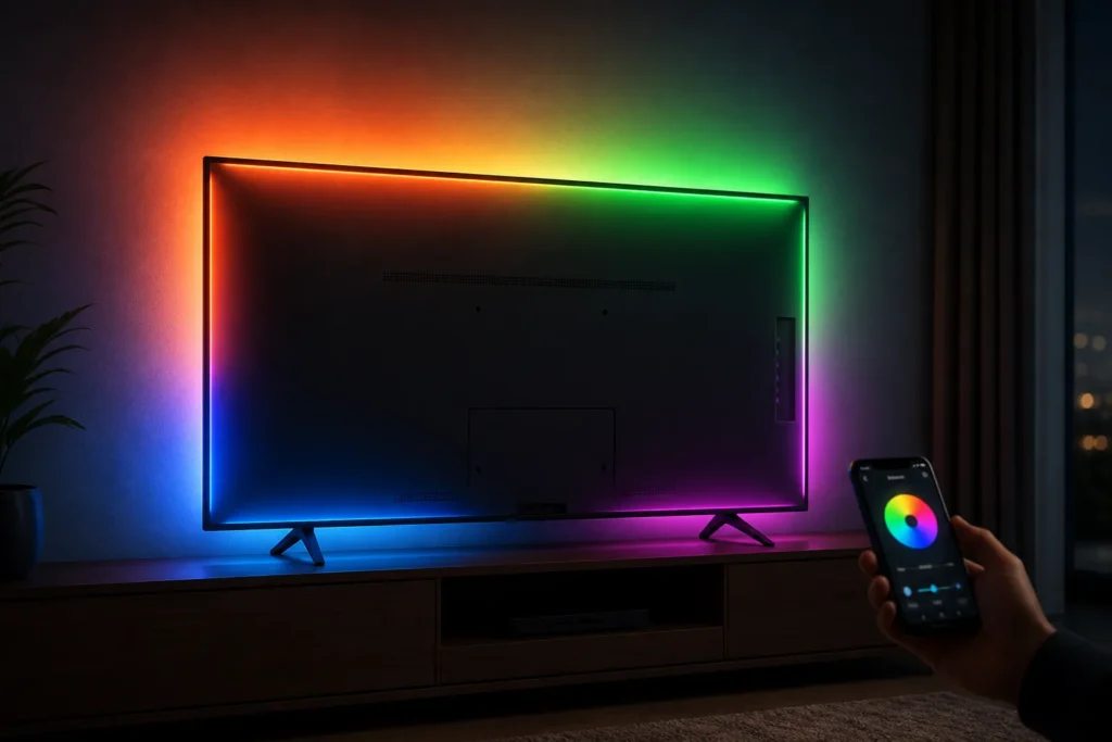 https://www.amazon.co.uk/dp/B0H4GJY92Y - Create a realistic product-style image of a modern 55–65-inch TV viewed from behind in a dark living room, glowing with vivid four-zone RGB LED backli...