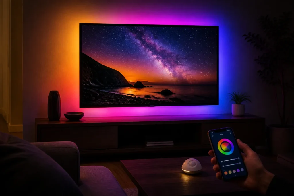 https://www.amazon.co.uk/dp/B0HJ62MXVB - Photorealistic product scene featuring a 14.7-foot LED backlight strip neatly installed behind a modern 55–65-inch television, glowing in colorful amb...