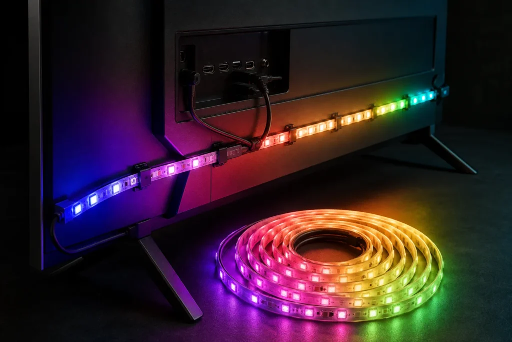 Photorealistic close-up of a flexible full-color LED light strip coiled beside the back edge of a modern 55–65 inch widescreen TV, showing segmented c...