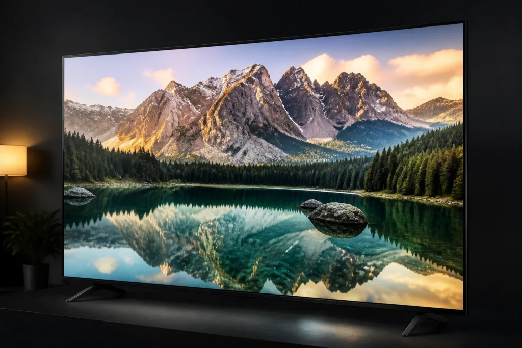 Photorealistic close-up of a premium 75-inch LG 4K television displaying a crisp, detailed nature scene, subtly suggesting Nano Detail Enhancer and th...