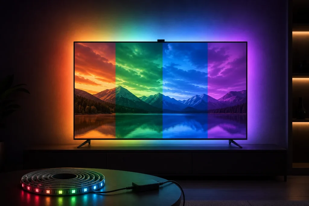 Photorealistic product hero image of a 4.5-meter RGB LED TV backlight kit coiled beside a slim 55–65-inch ultra-thin television, with a small top-moun...