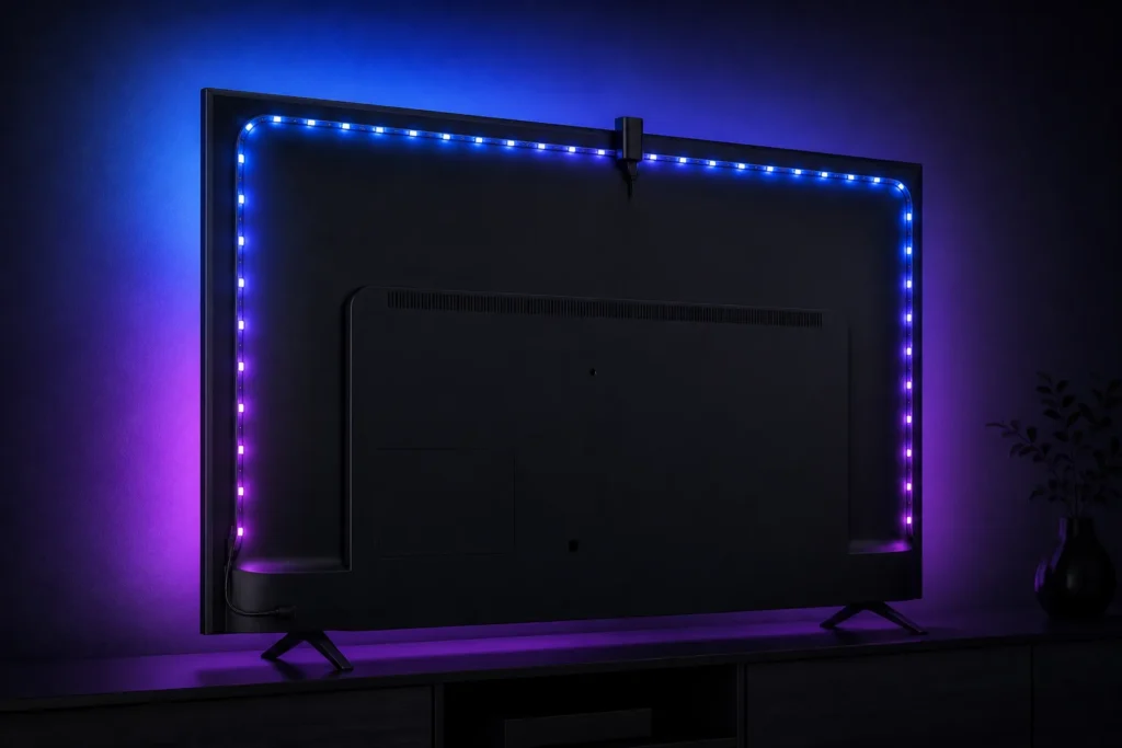 Photorealistic product hero image of a modern 55–65 inch 16:9 flat-screen TV viewed from behind at a slight angle, surrounded by a neatly installed 14...