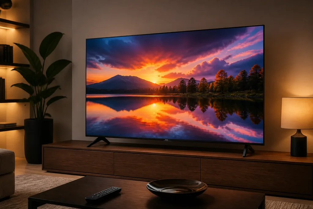 Photorealistic product hero image of a modern 55-inch 4K Ultra HD smart LED television, shown at a slight angle in a stylish contemporary living room,...