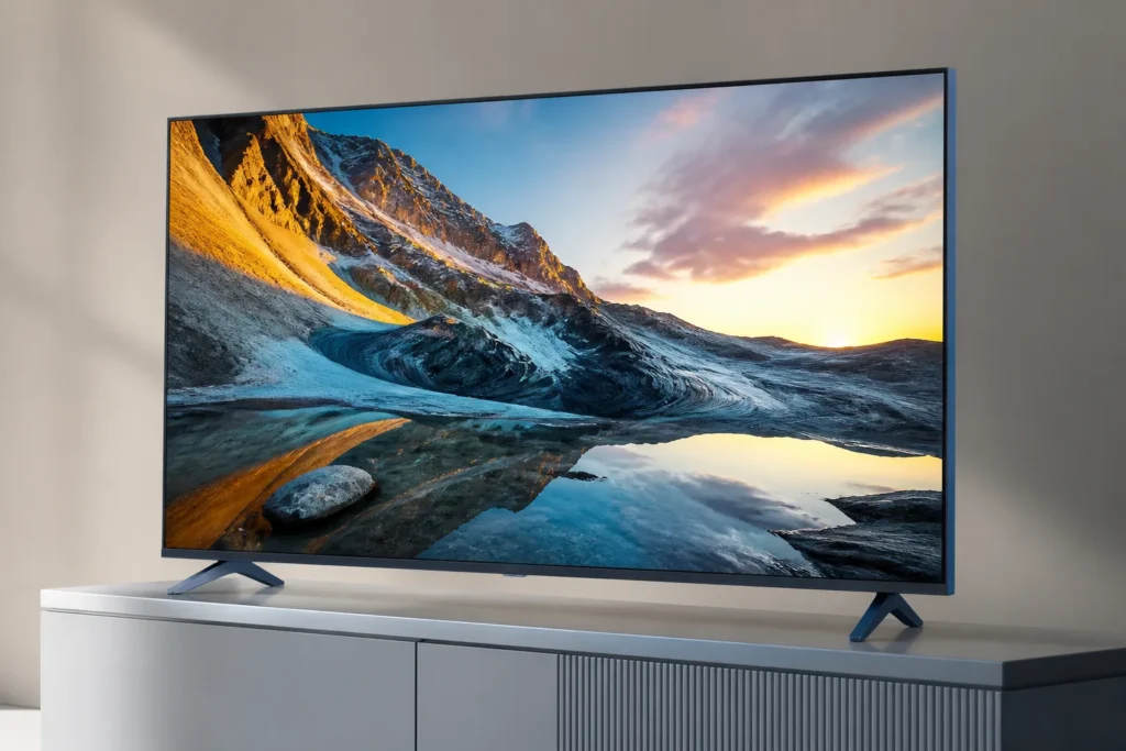 Photorealistic studio product image of a single LG 65-inch 4K NanoCell smart TV in an Ashed Blue finish, shown at a slight angle on a clean modern sta...